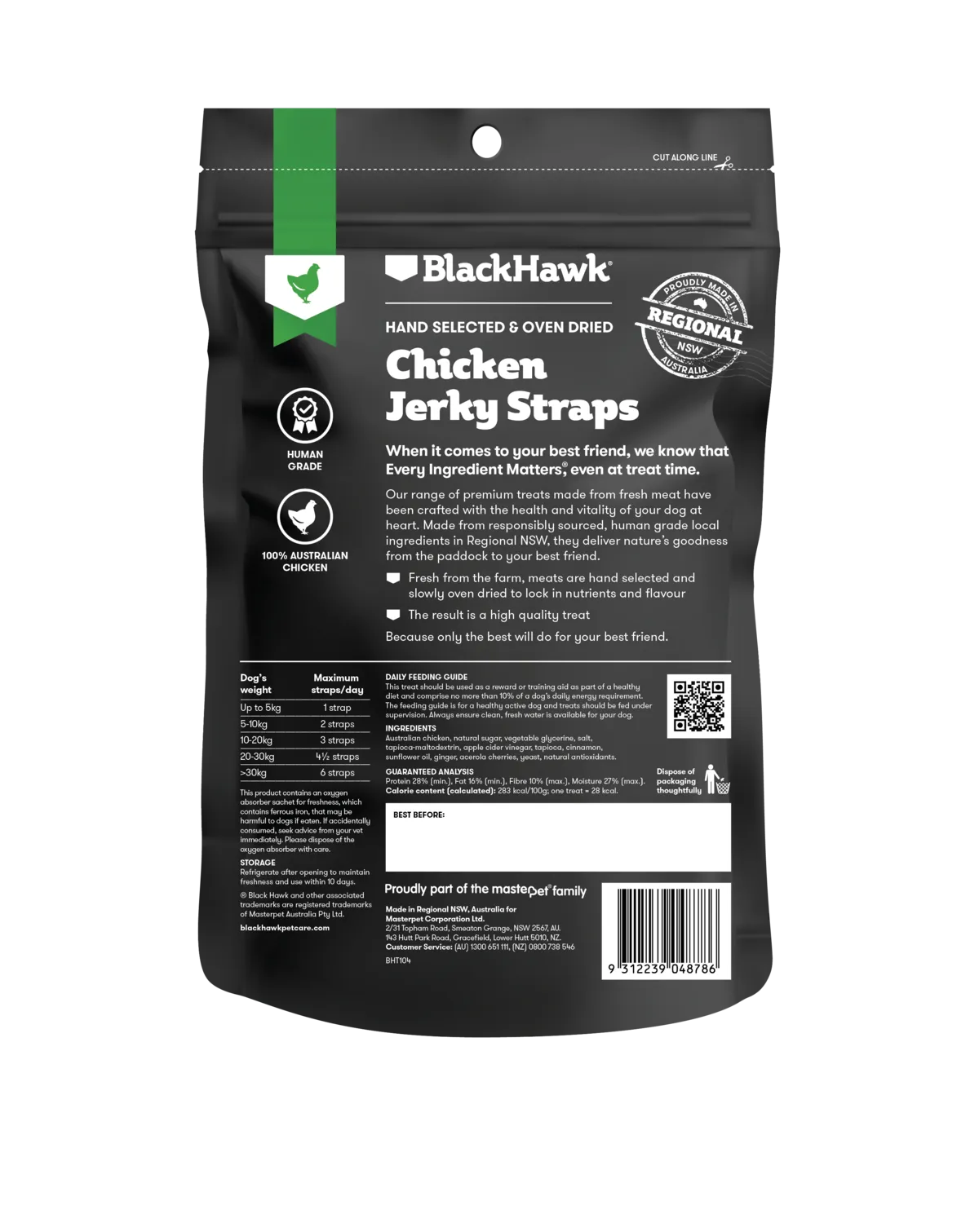 Black Hawk Chicken Jerky Straps Dog Treats 100g