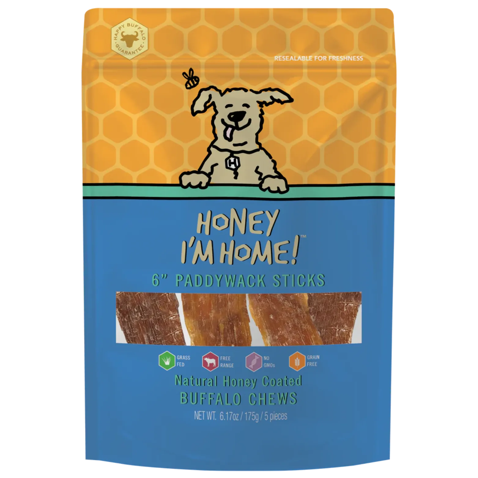 Honey I'm Home 6" Paddywack Sticks Natural Honey Coated Buffalo Chews Grain-Free Dog Treats 5 pk