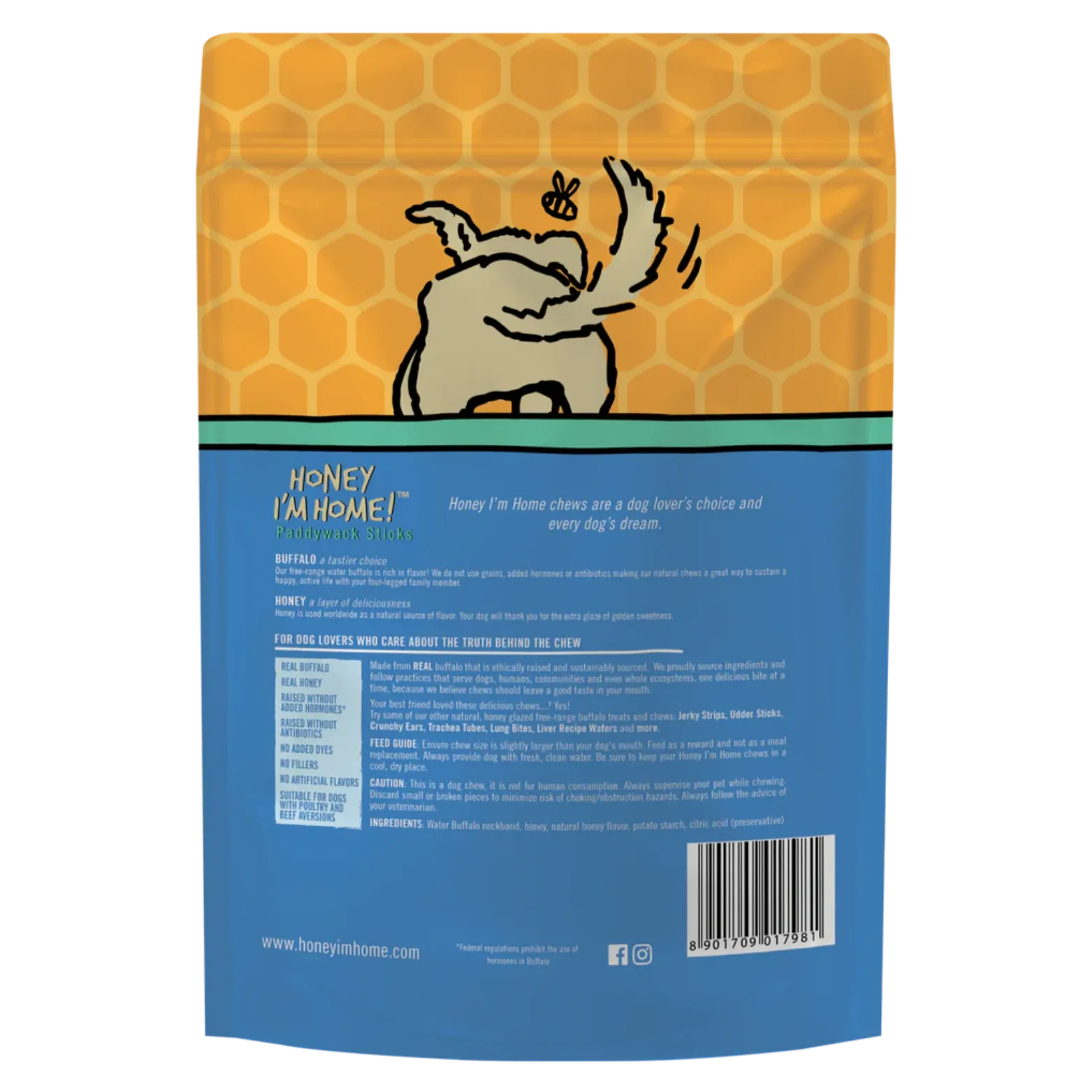 Honey I'm Home 6" Paddywack Sticks Natural Honey Coated Buffalo Chews Grain-Free Dog Treats 5 pk