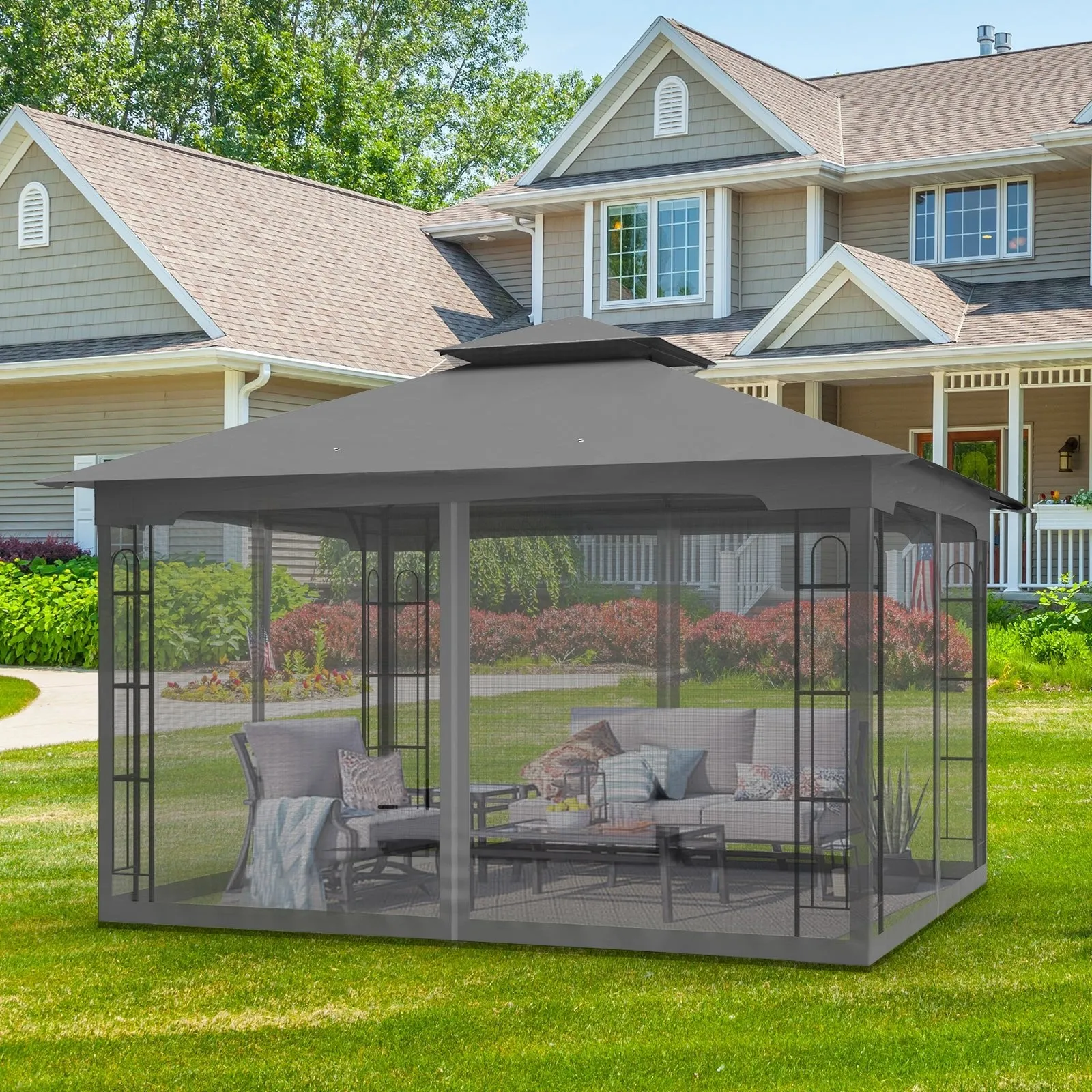 Patio Soft Top Gazebo with Mosquito Netting 13x11 at Top, 12x10 Footprint