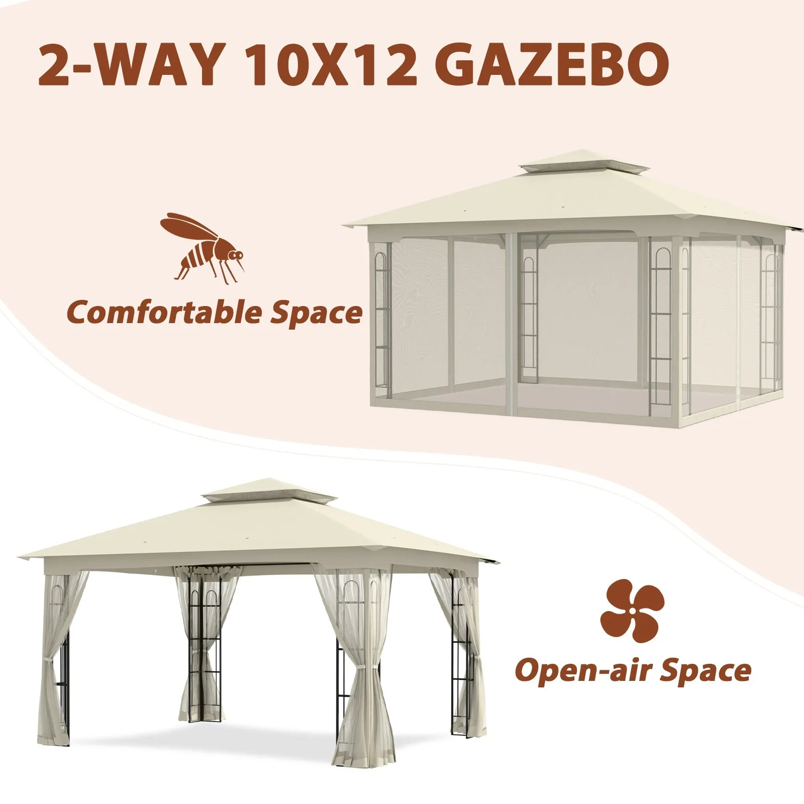 Patio Soft Top Gazebo with Mosquito Netting 13x11 at Top, 12x10 Footprint