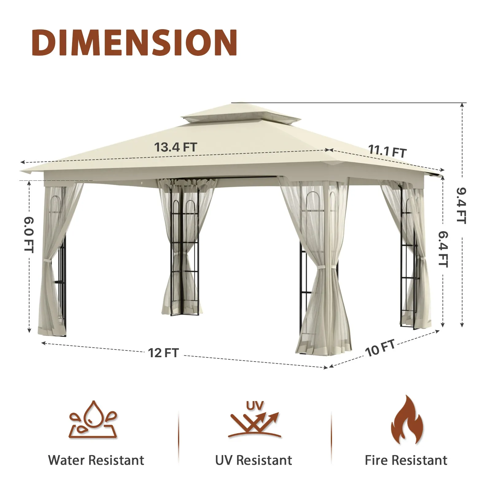 Patio Soft Top Gazebo with Mosquito Netting 13x11 at Top, 12x10 Footprint