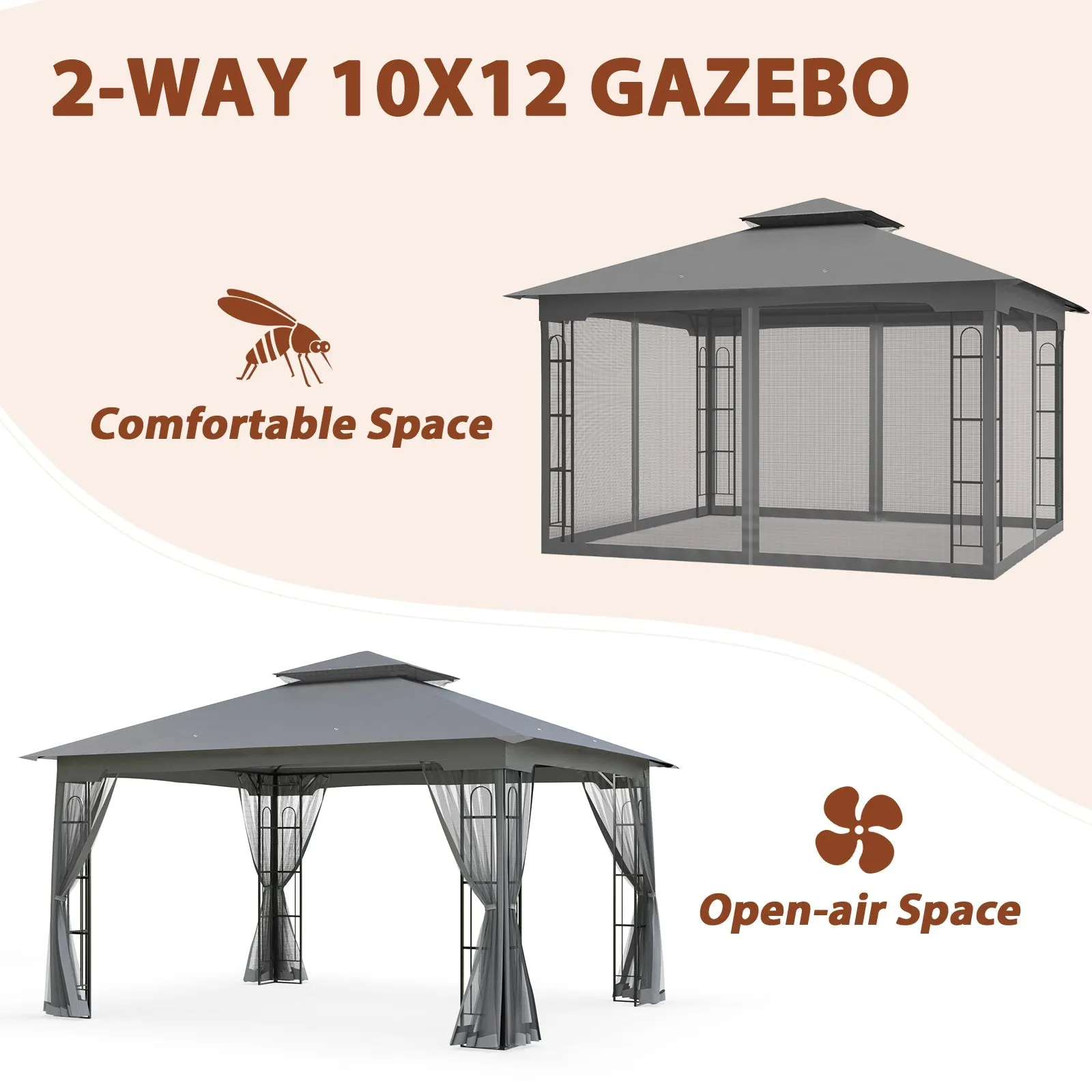 Patio Soft Top Gazebo with Mosquito Netting 13x11 at Top, 12x10 Footprint