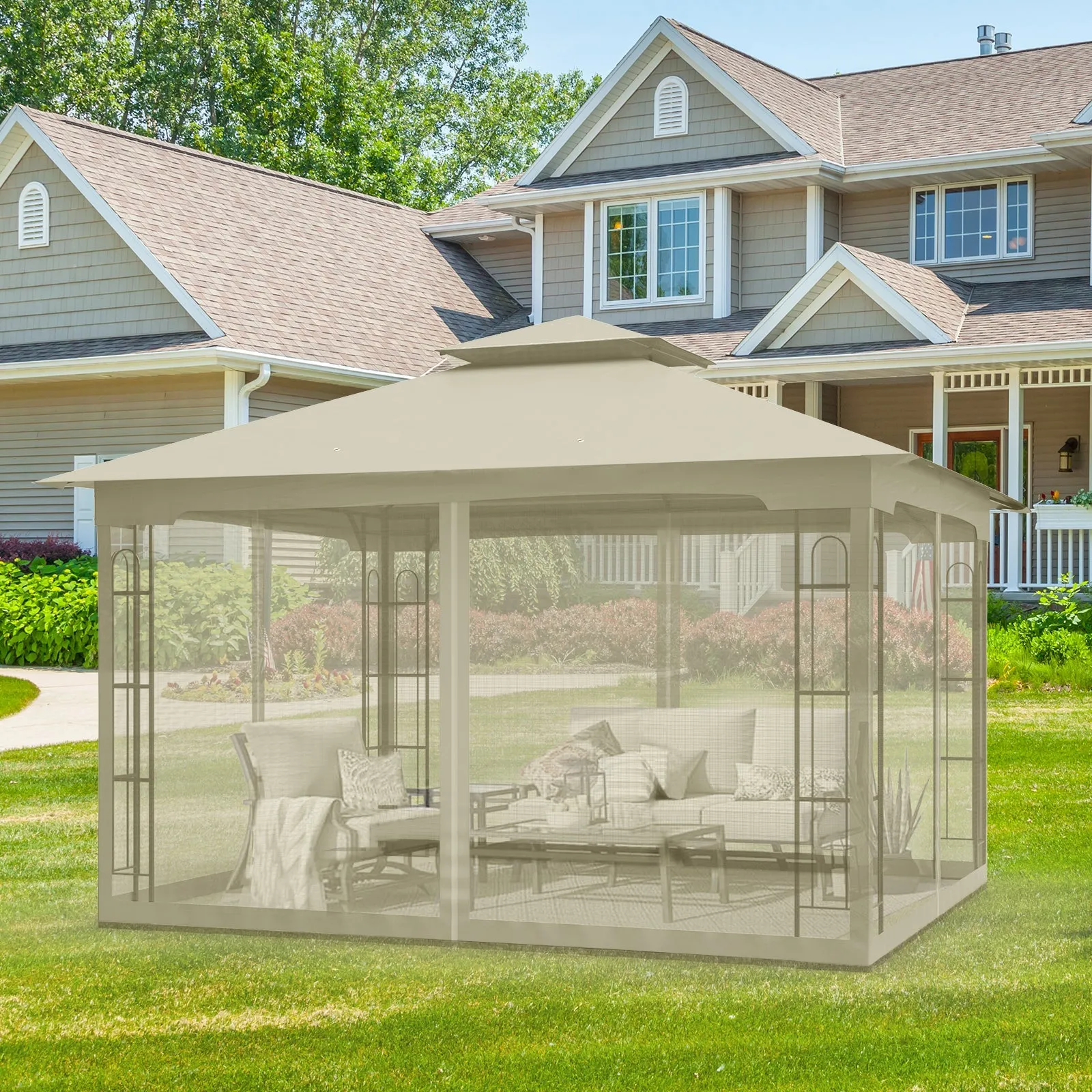 Patio Soft Top Gazebo with Mosquito Netting 13x11 at Top, 12x10 Footprint