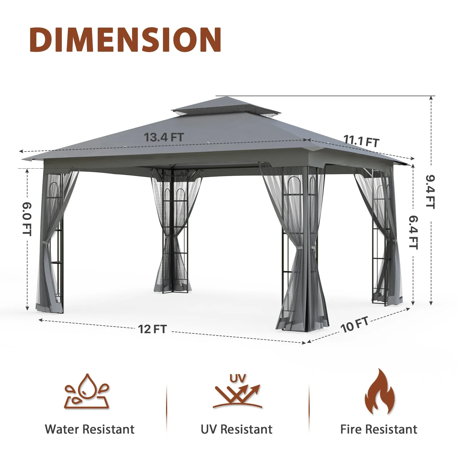 Patio Soft Top Gazebo with Mosquito Netting 13x11 at Top, 12x10 Footprint
