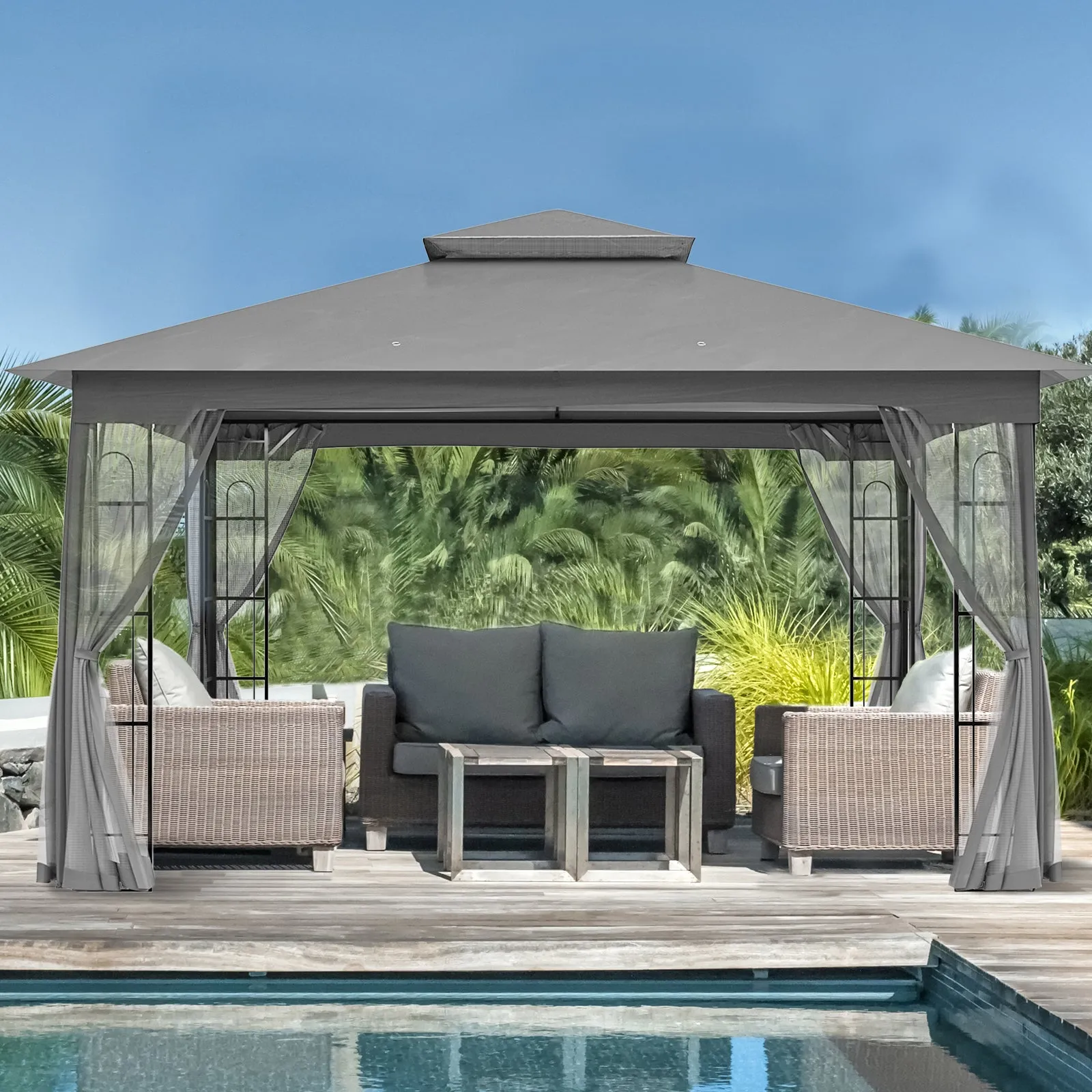 Patio Soft Top Gazebo with Mosquito Netting 13x11 at Top, 12x10 Footprint