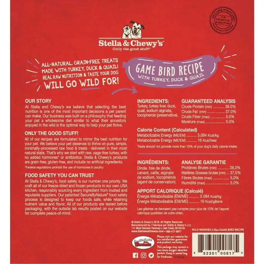 Stella & Chewy's Wild Weenies Game Bird Recipe Freeze-Dried Dog Treats 3.25 oz